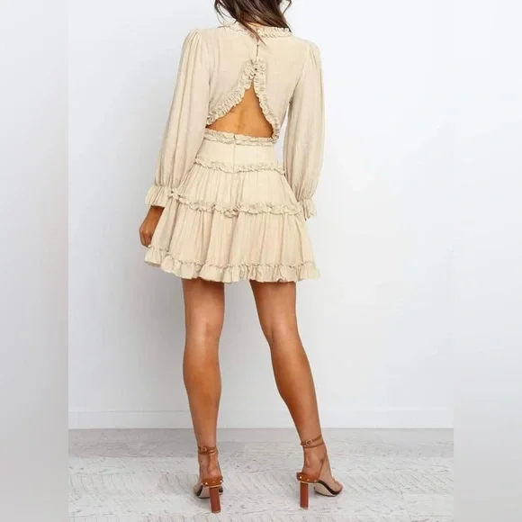 Beige Deep V Neck Ruffle Long Sleeve Floral Print Mini Dress Size XL - Picture 2 of 13